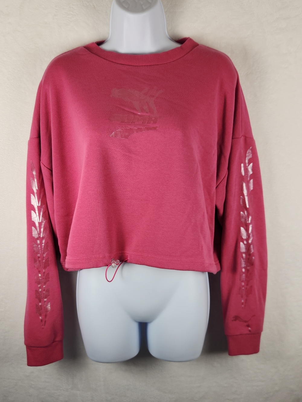 Puma Cropped Sweatshirt in Rose Pink with Metallic Sleeve Detailing